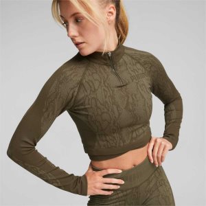 Puma Seamless Cropped 1/4 Zip Sport Sweatshirts Damen Tiefesolivgrün Schlangenoptik | XQSEHIA-27