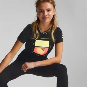 Puma Summer Squeeze Graphic Tee Sport Bh Damen Schwarz | HVNMBOR-13